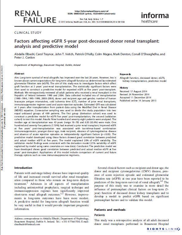 Factors affecting eGFR 5 year post-deceased donor renal transplant